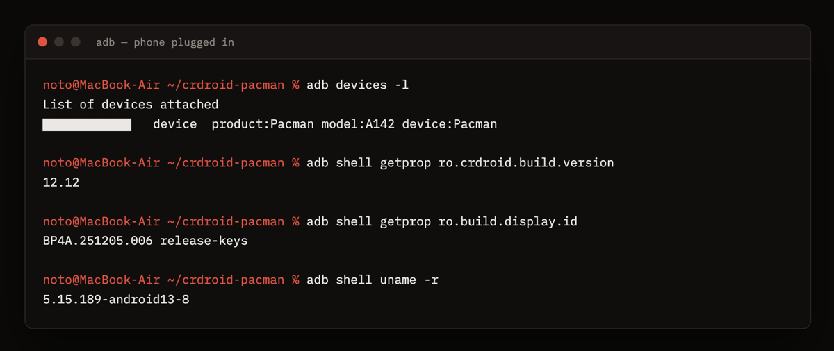 Plugged in over adb