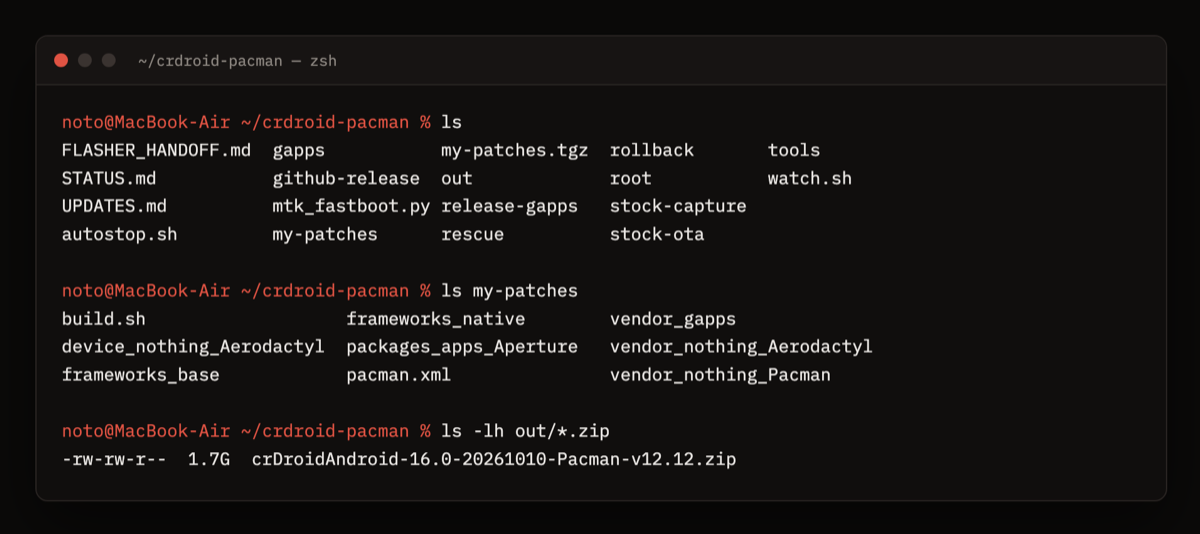 The project folder: patches, rescue kit, rollback, and the 1.7 GB build